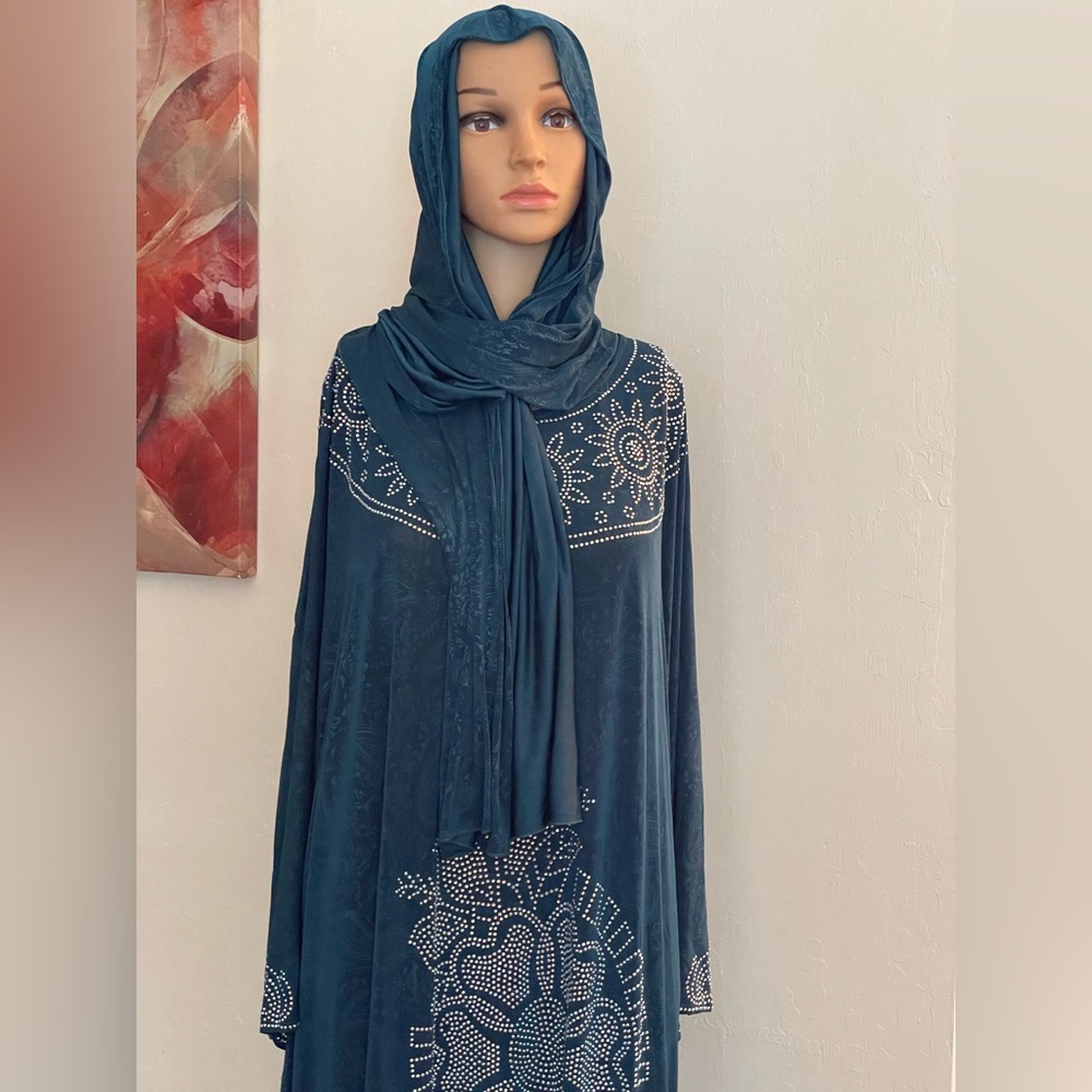 Elegant teel Blue Embellished Abaya with Hijab